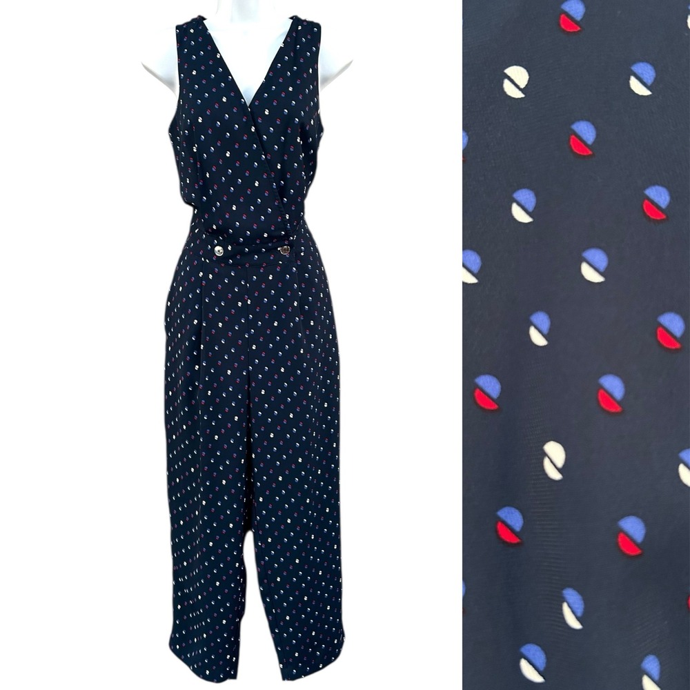 Tommy‎ Hilfiger Navy Blue Polka Dot Nautical V-Neck Jumpsuit Smocked Back Small